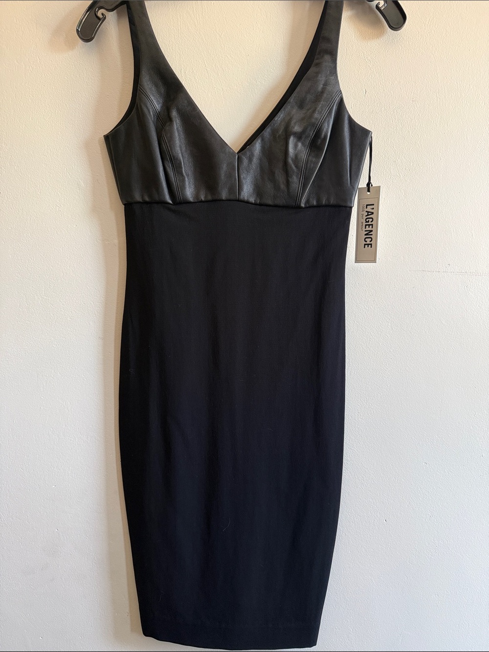 L'AGENCE Black V-Neck Leather Bodice Midi Dress